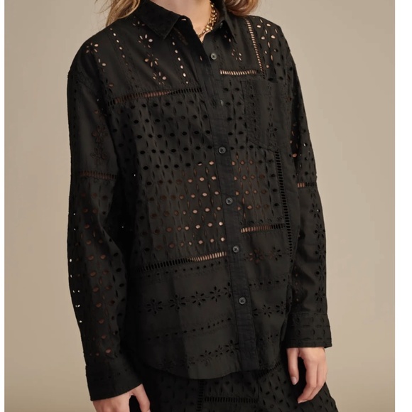 Lucky Brand Eyelet Prep Long Sleeve Button Up Shirt Meteorite Size Small - Picture 3 of 11